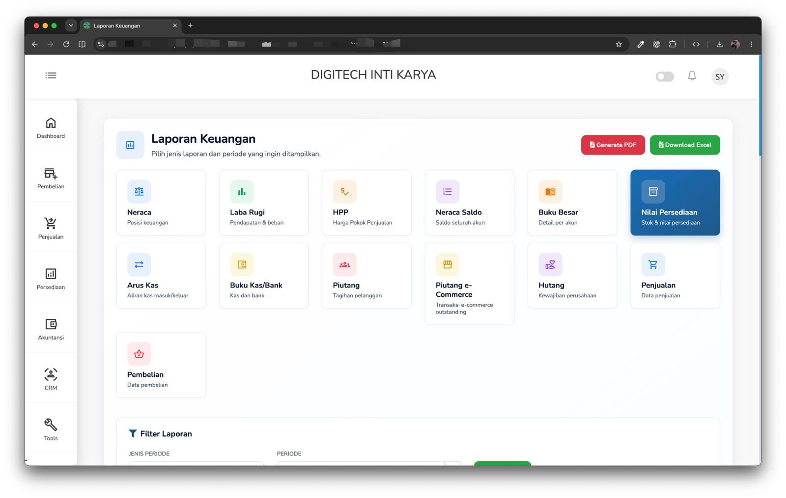 Tampilan laporan keuangan terbaru pada aplikasi bisnis Digitech Inti Karya